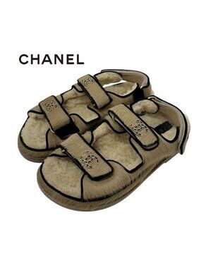 Chanel Sandals Shoes Haraco Mouton Beige Black Gold Coco Mark Chain Strap Flat